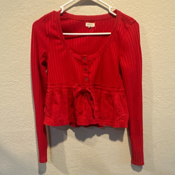 Pilcro Other - Pilcro Red Ribbed Knit Button Front Ruffle Scoop Neck Long Sleeve Top XS